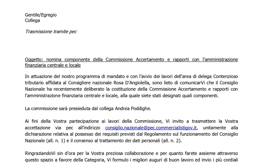 Nomina componente della Commissione Accertamento